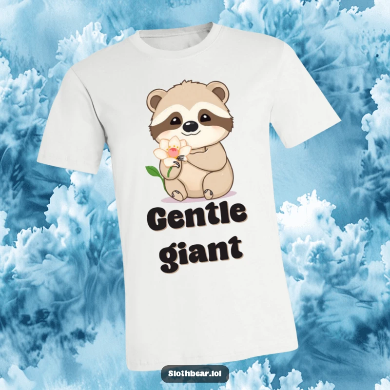 Funny sloth bear t-shirt depicting a bear's paw gently touching a flower petal, showcasing delicate beauty and humor.