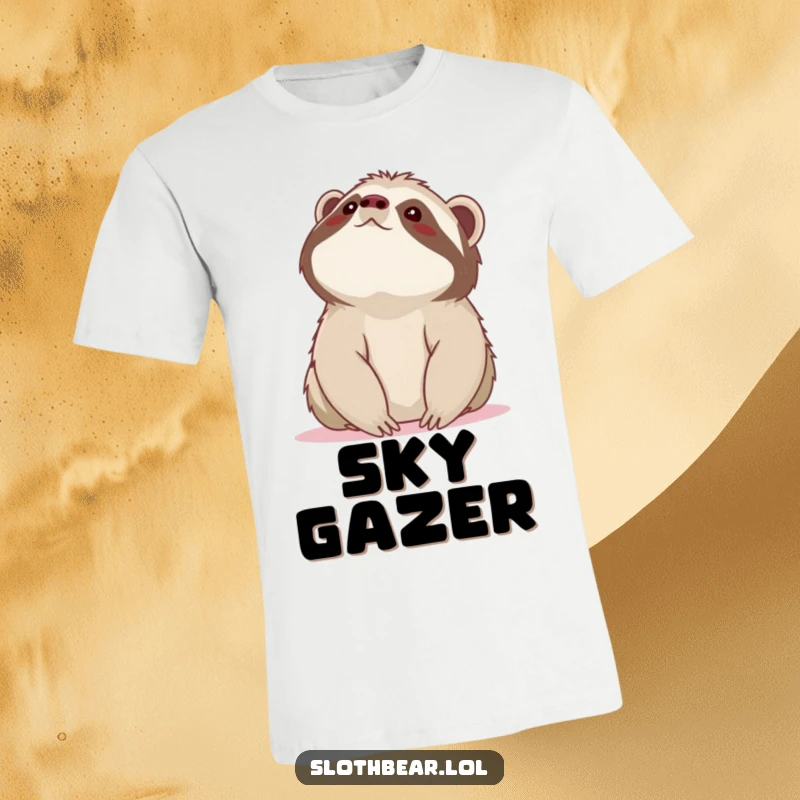 Funny sloth bear t-shirt of a bear gazing upwards at the sky with a look of wonder, promoting curiosity and humor.