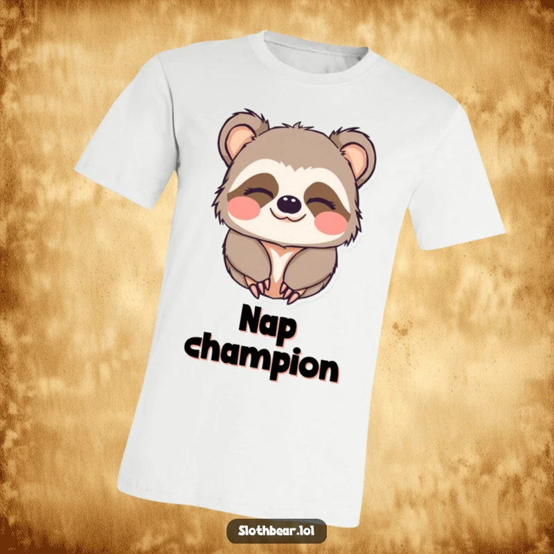 Funny t-shirt featuring a cute kawaii sloth bear character with its eyes half-closed, giving a charming wink.