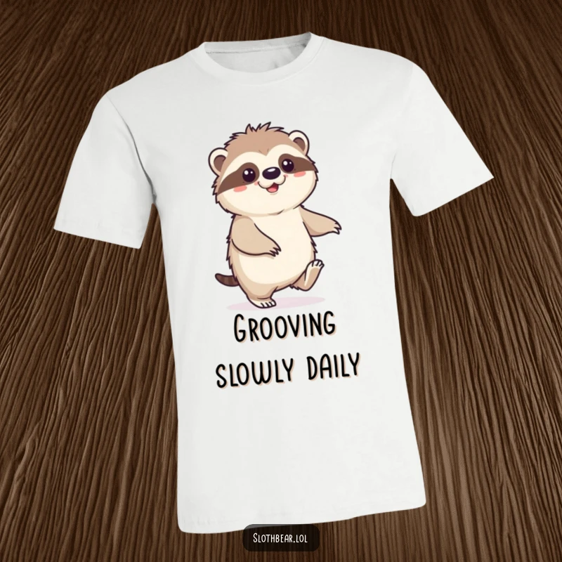 Funny Sloth Bear T-Shirt featuring a character doing a slow, happy shuffle, conveying joy and a relaxed, carefree attitude.