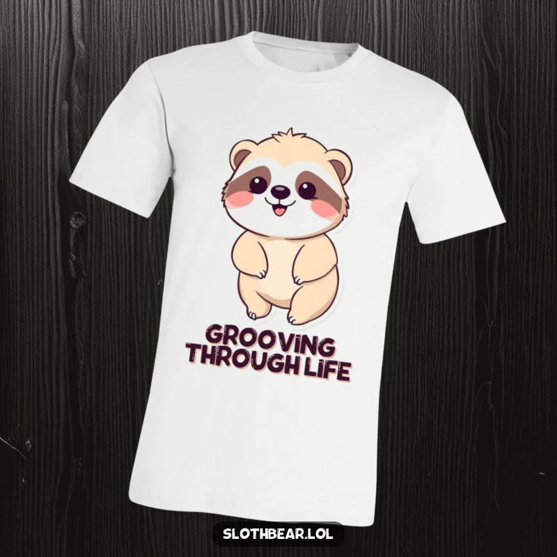 Funny Kawaii Sloth Bear T-Shirt with a cute bear happily swaying, embodying chill vibes and making a great funny gift.