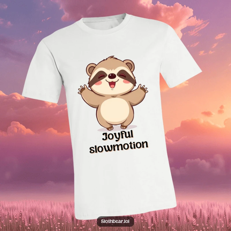 Funny t-shirt graphic: A kawaii sloth bear character doing a delightful, slow-motion wiggle with a look of pure bliss.