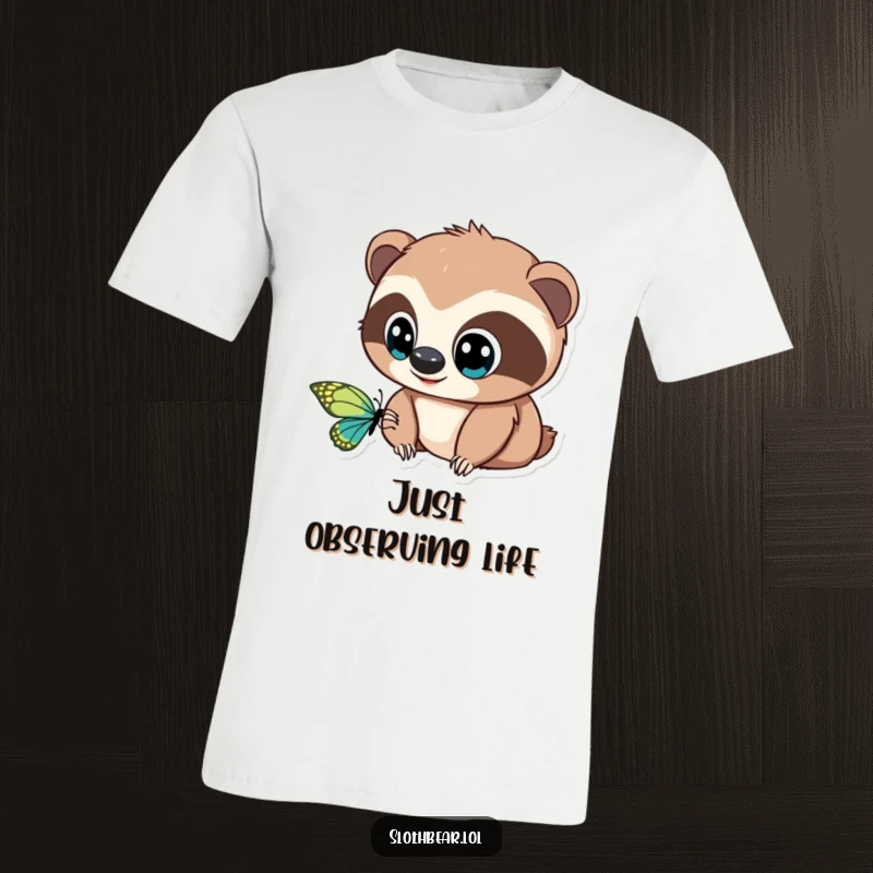 Funny T-Shirt: A cute sloth bear with wide, innocent eyes intently watches a colorful butterfly, symbolizing peaceful fascination.