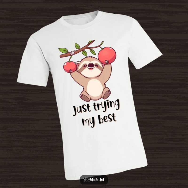 Funny t-shirt with a baby sloth bear cub comically stretching to grab a hanging fruit, showcasing its funny determination.