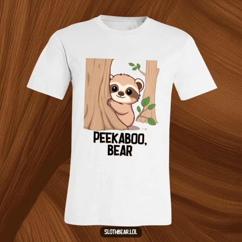 Funny t-shirt graphic of a fuzzy-eared sloth bear peeking out from behind a tree trunk, with wide, curious eyes and a hint of mischief.