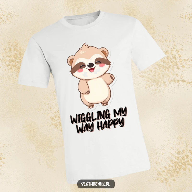 Funny T-Shirt with a kawaii sloth bear character in a lazy, joyful wiggle, expressing pure happiness and relaxation.