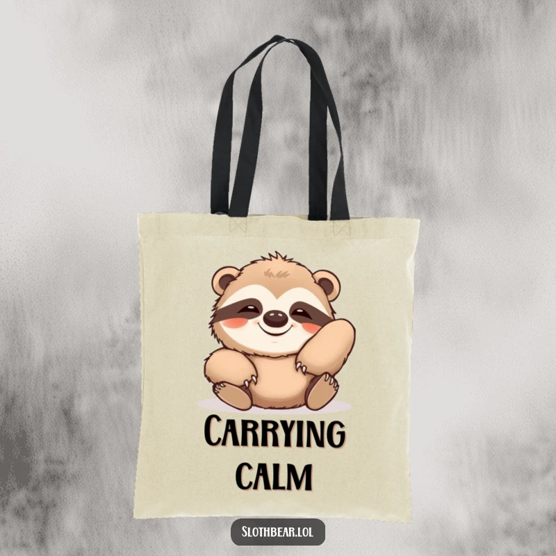 Funny tote bag illustration of a sloth bear stretching lazily with a happy, contented grin, perfect for carrying necessities with ease.