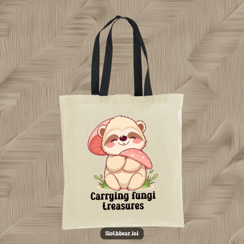 Funny sloth bear mushroom hug tote bag, perfect for nature lovers, featuring a character embracing a fuzzy mushroom.