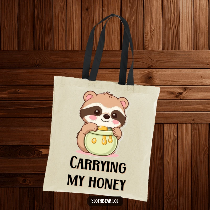 Funny Kawaii Sloth Bear Tote Bag with a cute bear reaching for honey, an adorable and funny gift for everyday use.