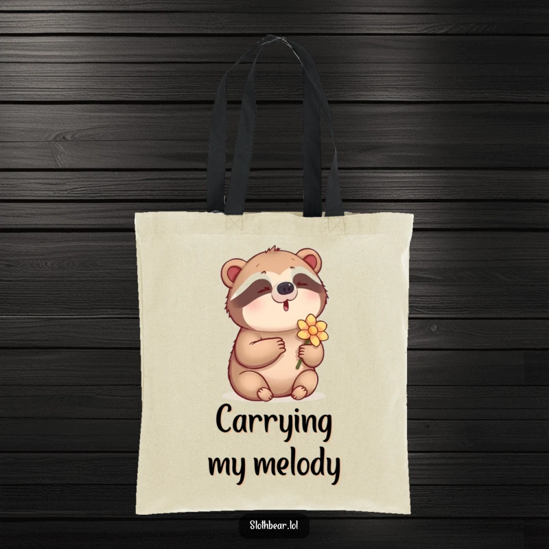 Funny Tote Bag with a sloth bear humming a tune and holding a flower, a portable piece of cheerful art.