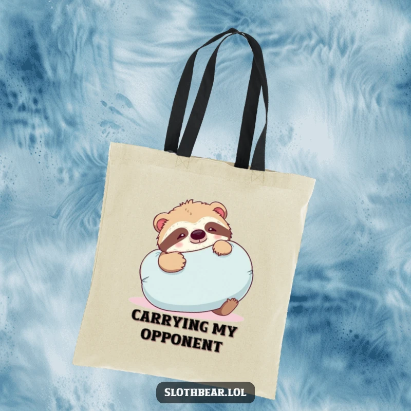 Funny sloth bear tote bag featuring a bear playfully wrestling with a large, soft pillow, a fun and practical accessory.