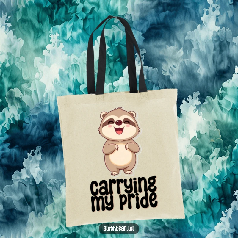 Funny delighted sloth bear character standing on hind legs looking pleased, depicted on a stylish tote bag.