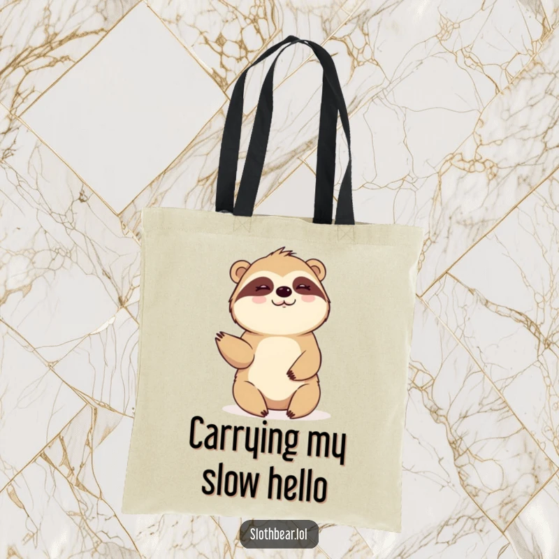 Funny Tote Bag: A sloth bear waves slowly and warmly, communicating a friendly hello and a relaxed, happy vibe.