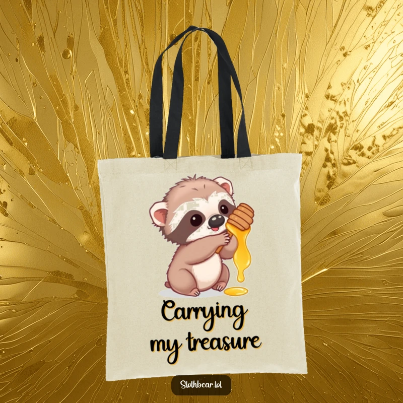 Funny tote bag with a cute sloth bear cub playfully reaching for honey, perfect for carrying essentials with adorable charm.