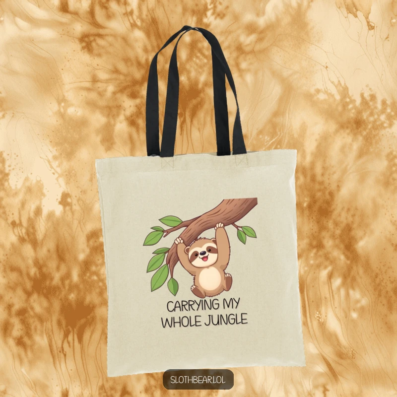 Funny kawaii sloth bear gleefully swinging from a thick branch, printed on a durable tote bag, perfect for market trips.