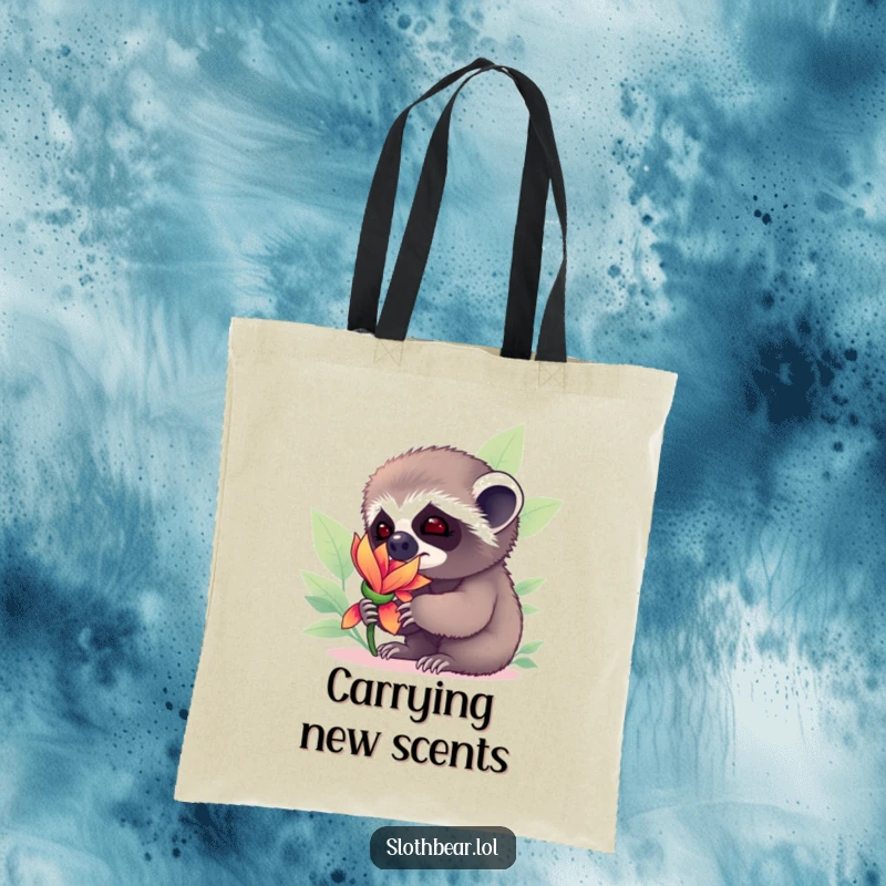 Funny sloth bear cub with a flower, showcasing curiosity and adorableness, printed on a durable and humorous tote bag.