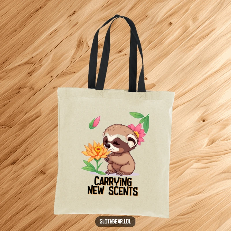 Funny curious sloth bear cub sniffing a vibrant exotic flower with wonder, depicted on a stylish tote bag.