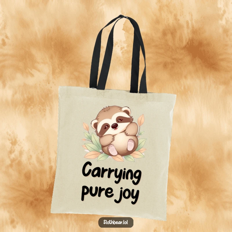 Funny tote bag featuring a baby sloth bear in mid-tumble amongst soft leaves. A cute and humorous accessory for everyday use.