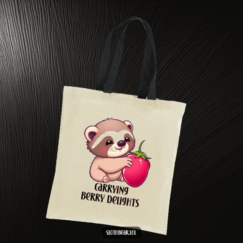 Funny tote bag design: A kawaii sloth bear character with big eyes reaching for a delicious red berry, radiating happiness.