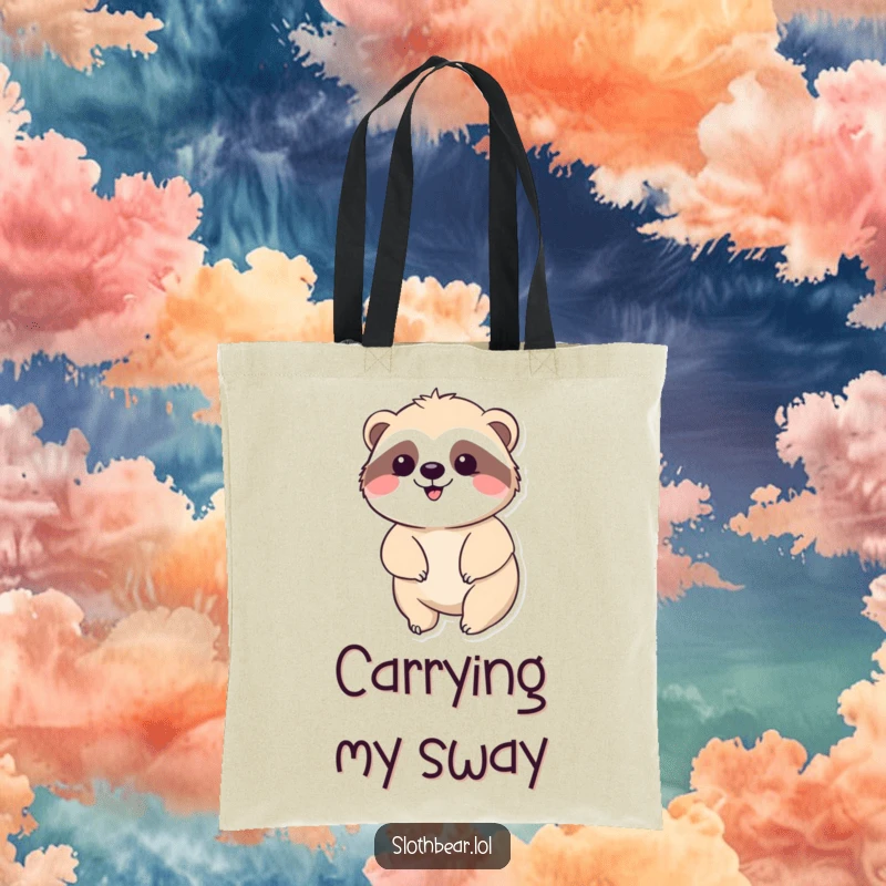 Funny Kawaii Sloth Bear Tote Bag with a cute bear happily swaying, an adorable and funny gift for everyday use.