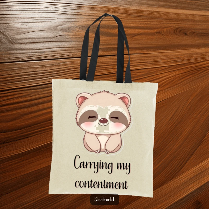 Funny Tote Bag with a small sloth bear giving a gentle, sleepy smile, perfect for carrying essentials with charm.