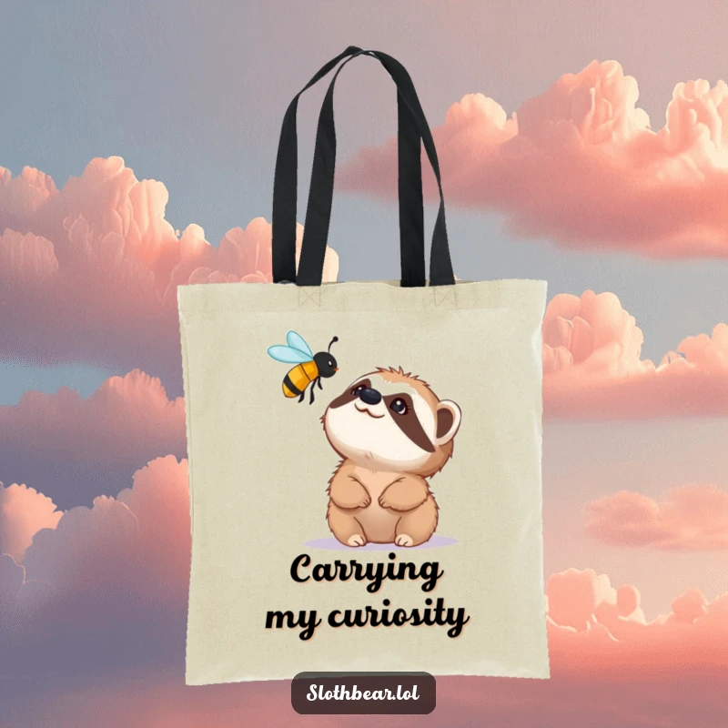 Funny tote bag displaying a small sloth bear character looking up with fascination at a buzzing bee, a cute and functional wildlife accessory.