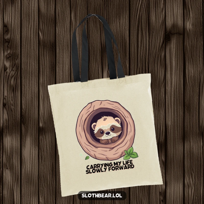 Funny sloth bear cub peeking from a tree log, featured on a durable tote bag, offering a cute and humorous vibe.