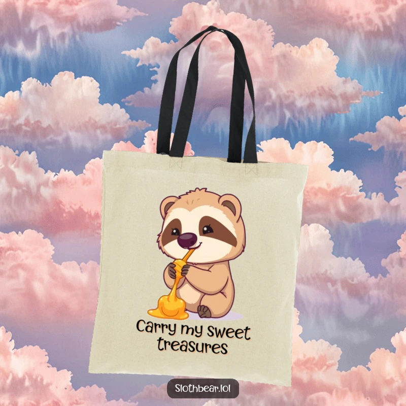 Funny tote bag showcasing a cute sloth bear daintily enjoying a paw full of honey. A practical and humorous accessory for daily use.