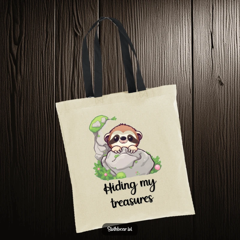 Funny sloth bear character peeking from behind a mossy rock, featured on a stylish tote bag.