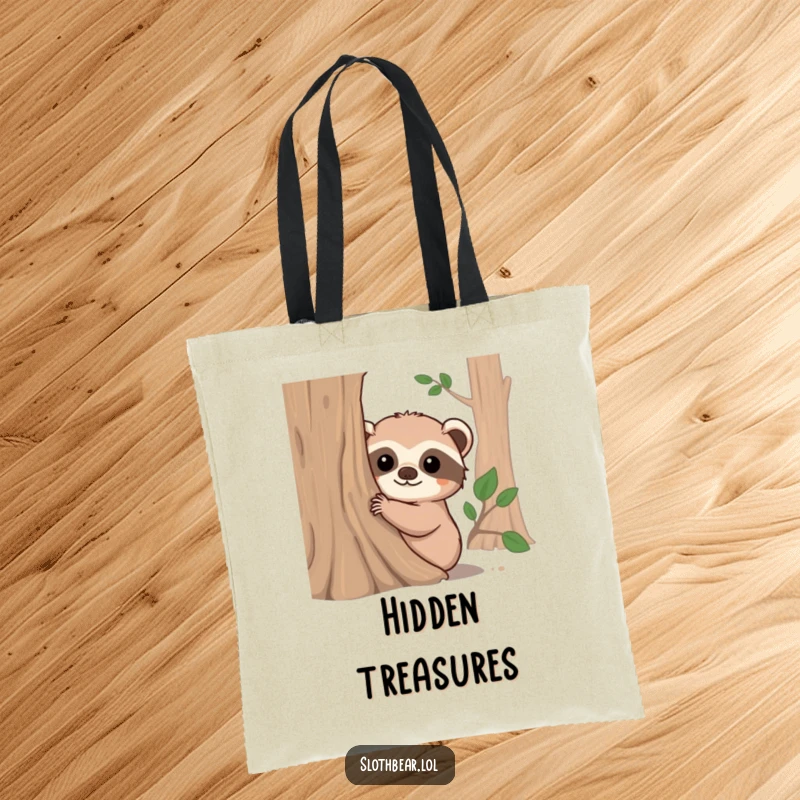 Funny tote bag illustration of a fuzzy-eared sloth bear peeking around a tree trunk, with a sweet, curious expression, perfect for daily use.