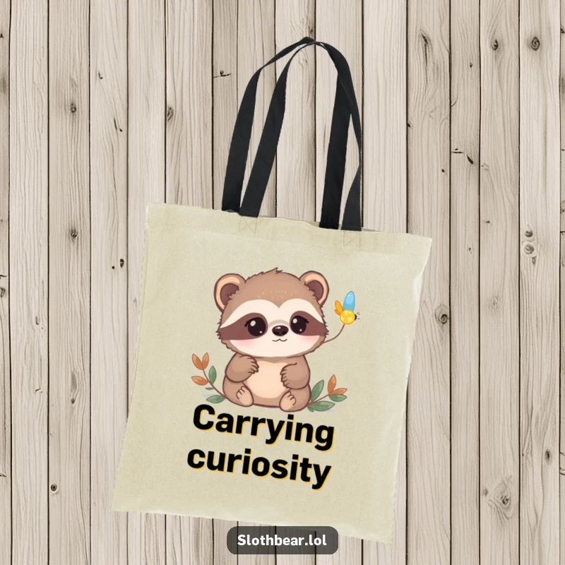 Funny sloth bear tote bag featuring a bear with curious eyes watching a firefly blink on, a charming accessory.