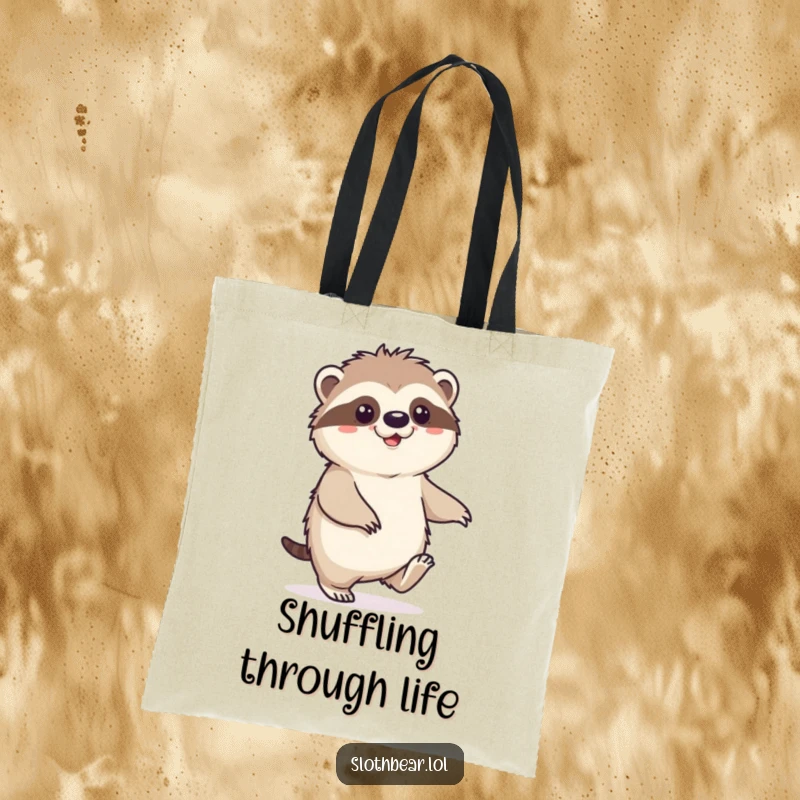 Funny Sloth Bear Tote Bag with a character doing a happy shuffle, perfect for carrying items with a relaxed and cheerful vibe.