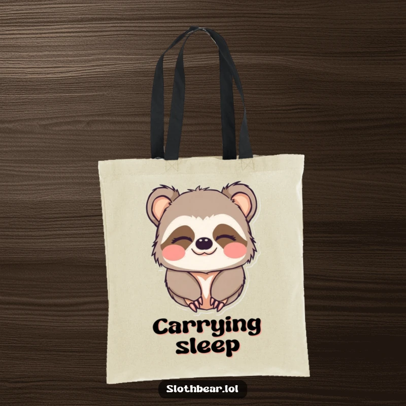 Funny tote bag illustrated with a cute kawaii sloth bear character looking sleepy and giving a charming wink.