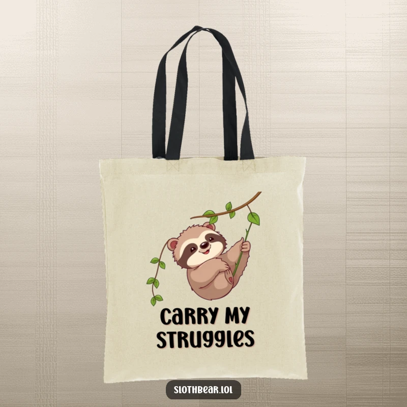 Funny tote bag design: A cute sloth bear character reaching up to playfully swat at a dangling vine with glee.