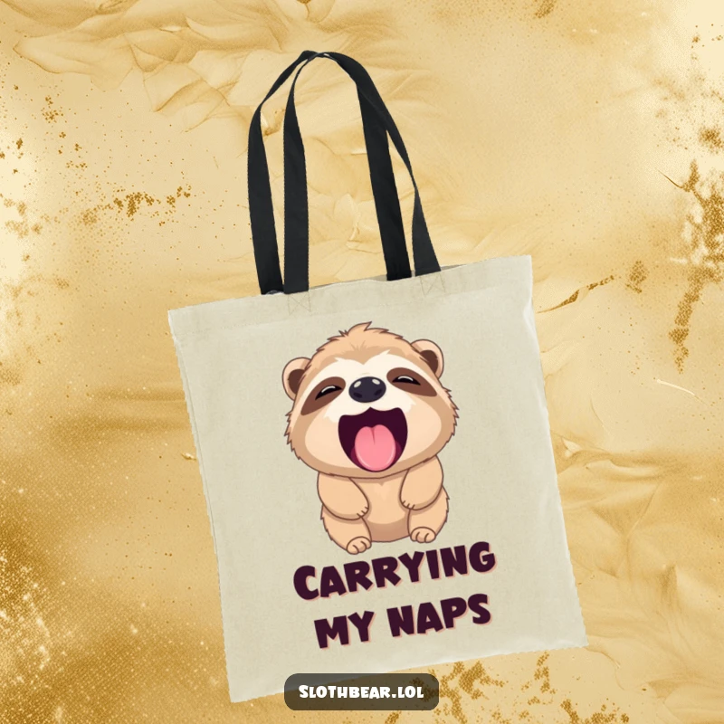 Funny sloth bear tote bag with a large yawn, tiny pink tongue visible, illustrating a relaxed and humorous vibe for shoppers.