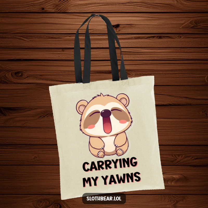 Funny sloth bear yawn tote bag, a spacious and eco-friendly companion featuring a sleepy bear, ideal for daily use.