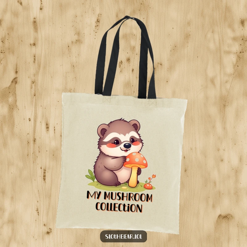 Funny kawaii sloth bear curiously poking a bright mushroom on a durable tote bag, ideal for carrying treasures.