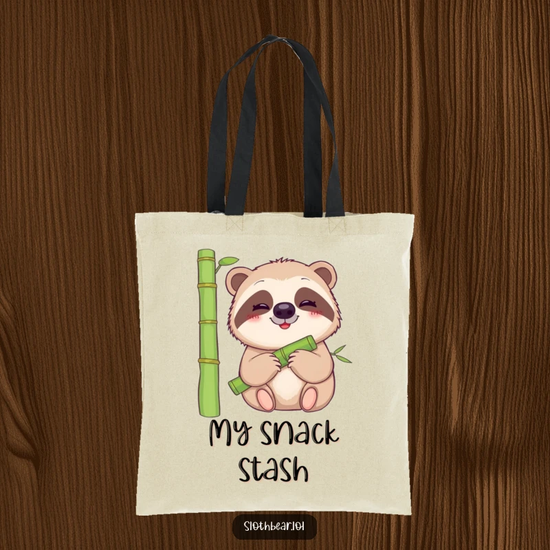 Funny sloth bear tote bag featuring a gentle bear with a smile munching on bamboo, a peaceful and practical accessory.