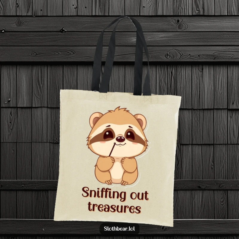 Funny Sloth Bear Tote Bag with a curious character sniffing the air, perfect for carrying belongings with a hint of jungle mystery.