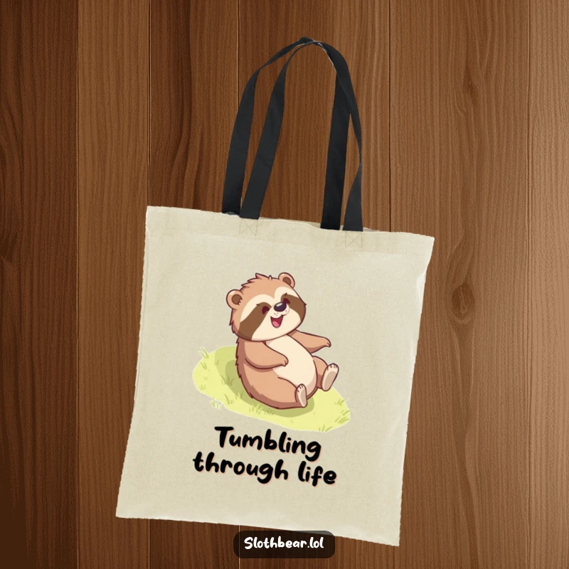 Funny sloth bear tote bag depicting a bear joyfully rolling down a grassy slope, radiating happiness and playful humor.
